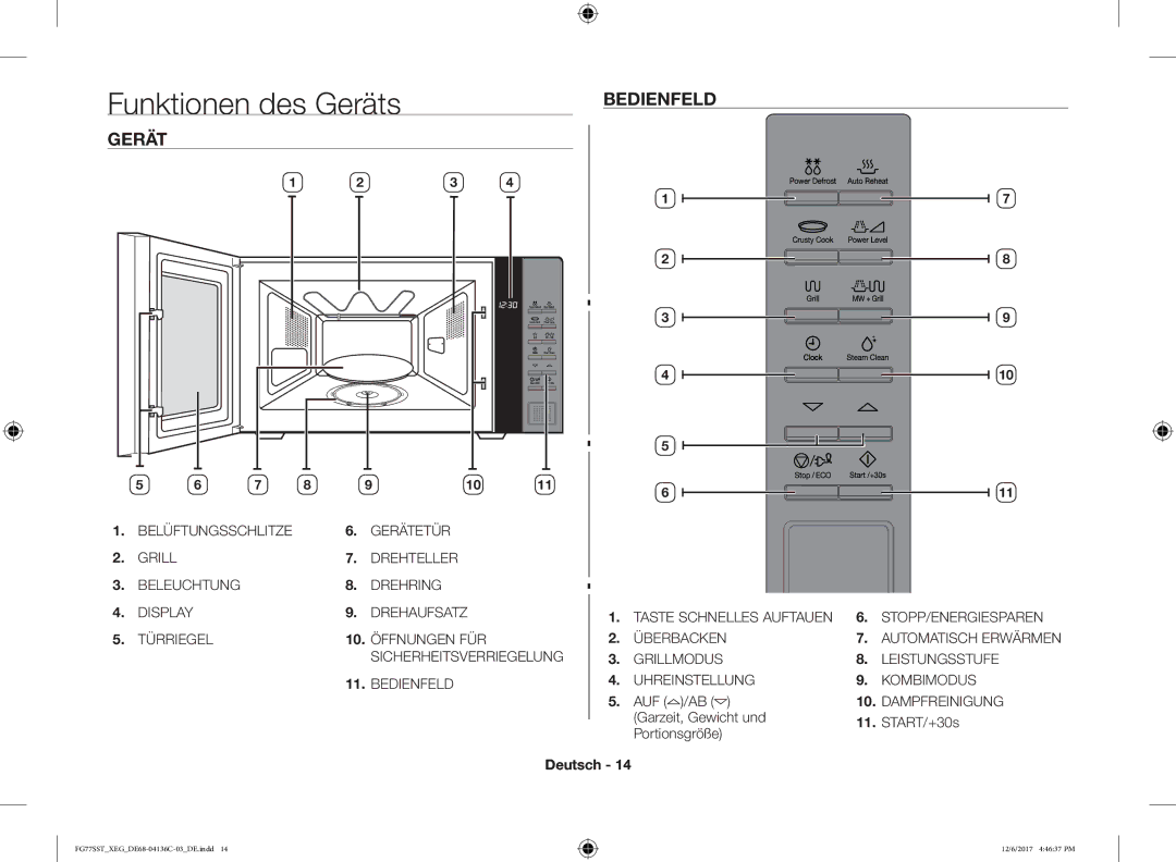 Samsung FG77SUB/XEG, FG77SST/XEG Funktionen des Geräts, Bedienfeld, Auf /Ab, Garzeit, Gewicht und START/+30s Portionsgröße 