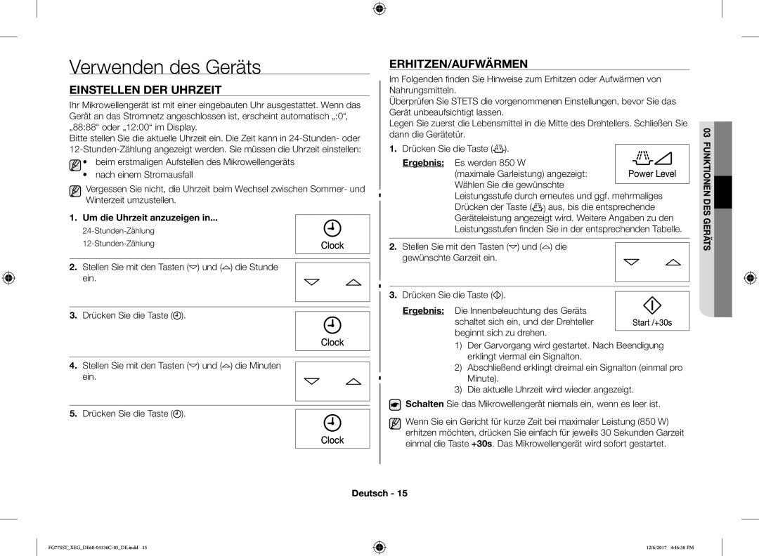 Samsung FG77SUST/XET, FG77SST/XEG manual Verwenden des Geräts, Einstellen DER Uhrzeit, Erhitzen/Aufwärmen, Stunden-Zählung 