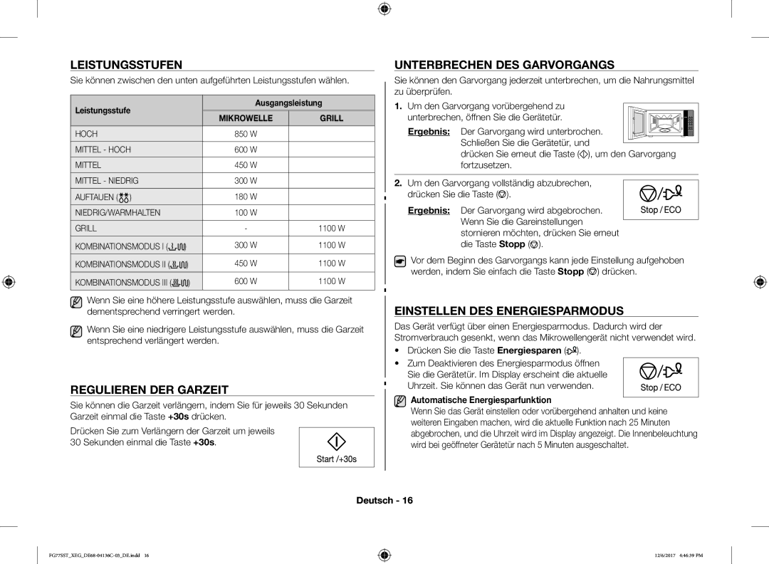 Samsung FG77SUST/XEF, FG77SST/XEG, FG77SUST/XEG manual Leistungsstufen, Regulieren DER Garzeit, Unterbrechen DES Garvorgangs 