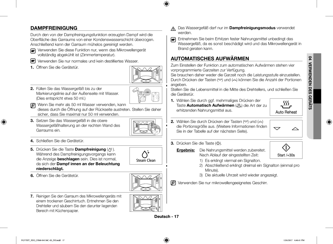 Samsung FG77SUB/XEF, FG77SST/XEG, FG77SUST/XEG, FG77SUB/XEG, FG77SUST/XET manual Dampfreinigung, Automatisches Aufwärmen 