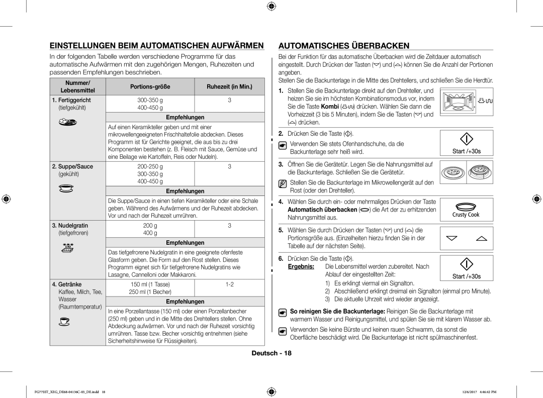 Samsung FG77SST/XEG manual Einstellungen Beim Automatischen Aufwärmen, Automatisches Überbacken, Nummer, Lebensmittel 