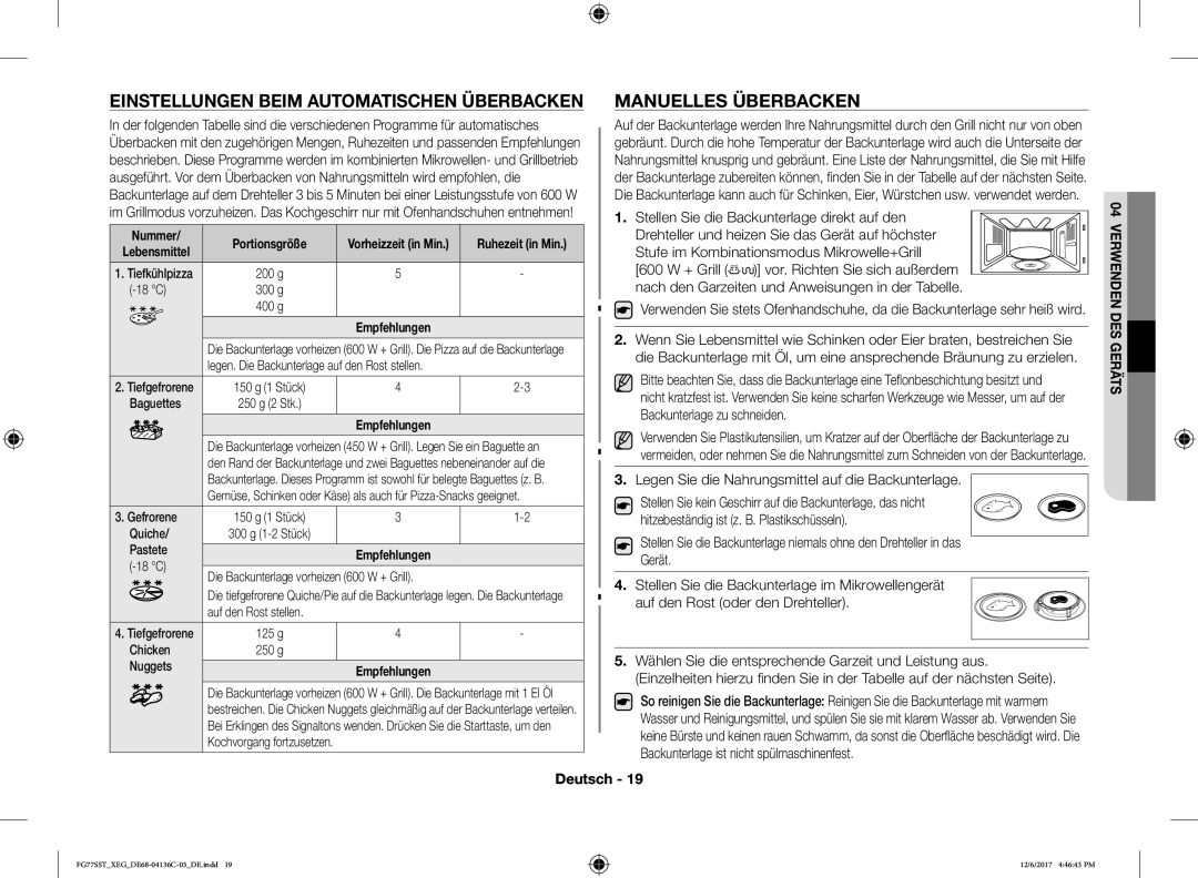 Samsung FG77SUST/XEG, FG77SST/XEG, FG77SUB/XEG manual Einstellungen Beim Automatischen Überbacken, Manuelles Überbacken 