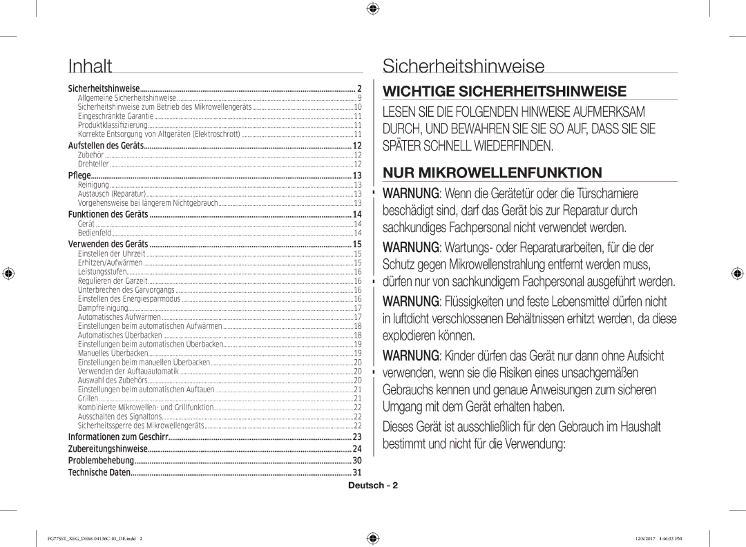 Samsung FG77SUB/XEG, FG77SST/XEG Inhalt Sicherheitshinweise, Dürfen nur von sachkundigem Fachpersonal ausgeführt werden 