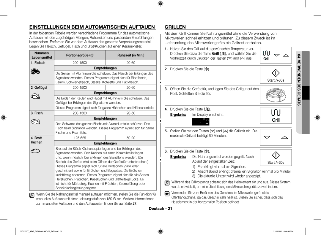 Samsung FG77SUST/XET manual Einstellungen Beim Automatischen Auftauen, Grillen, Nummer Portionsgröße g Ruhezeit in Min 