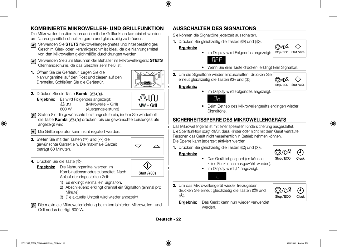 Samsung FG77SUST/XEF, FG77SST/XEG, FG77SUST/XEG manual Kombinierte MIKROWELLEN- UND Grillfunktion, Ausschalten DES Signaltons 