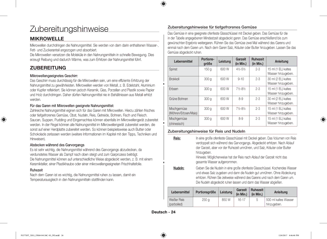Samsung FG77SST/XEG, FG77SUST/XEG, FG77SUB/XEG, FG77SUST/XET, FG77SUST/XEF, FG77SUB/XEF manual Zubereitungshinweise, Mikrowelle 