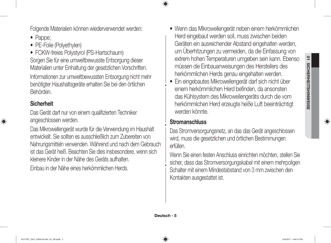 Samsung FG77SUB/XEF, FG77SST/XEG, FG77SUST/XEG, FG77SUB/XEG, FG77SUST/XET, FG77SUST/XEF manual Sicherheit 