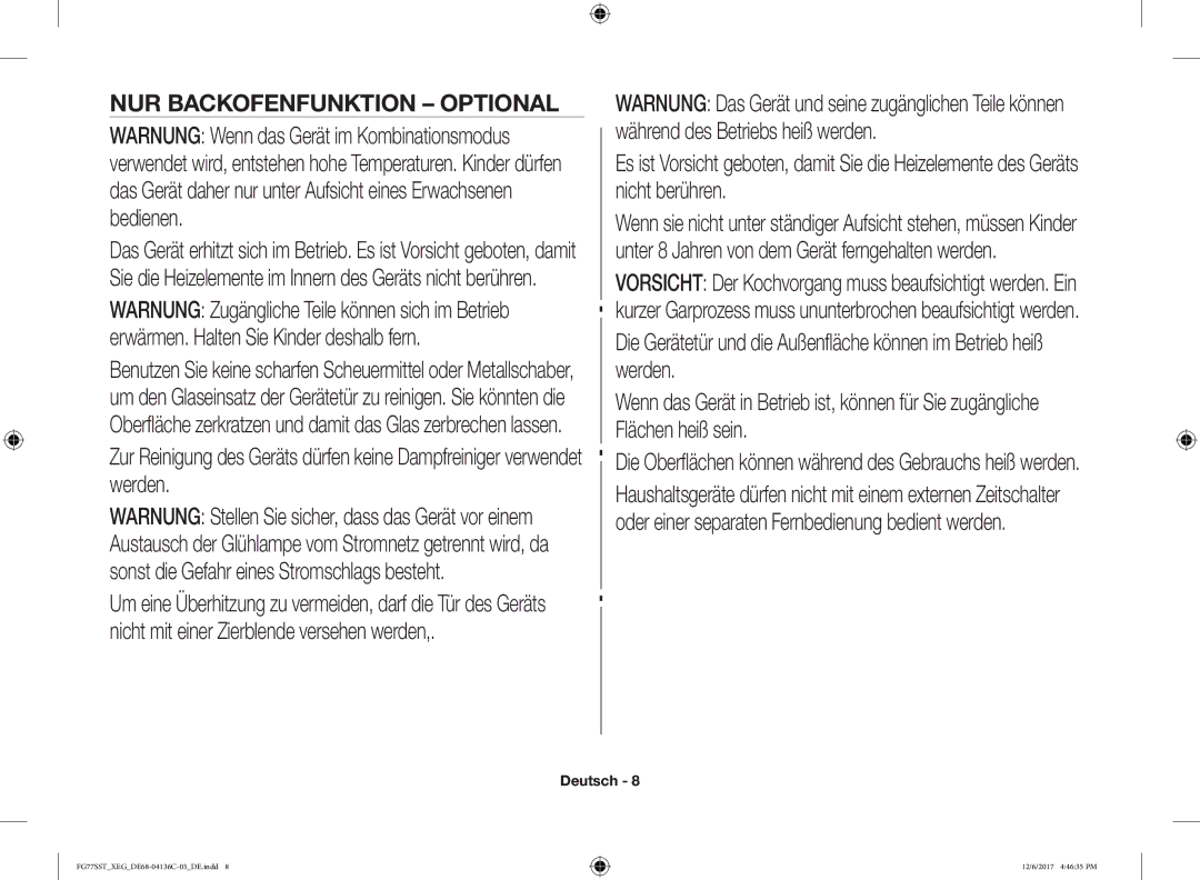 Samsung FG77SUB/XEG, FG77SST/XEG, FG77SUST/XEG, FG77SUST/XET, FG77SUST/XEF, FG77SUB/XEF manual NUR Backofenfunktion Optional 