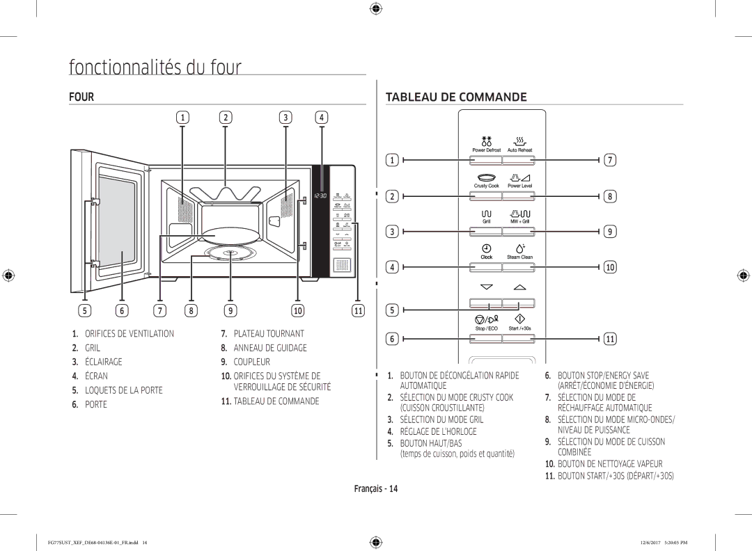 Samsung FG77SUST/XEF, FG77SUB/XEF manual Fonctionnalités du four, Tableau DE Commande 