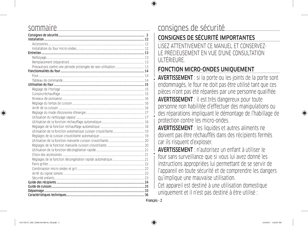 Samsung FG77SUST/XEF, FG77SUB/XEF manual Sommaire, Consignes de sécurité, Français 