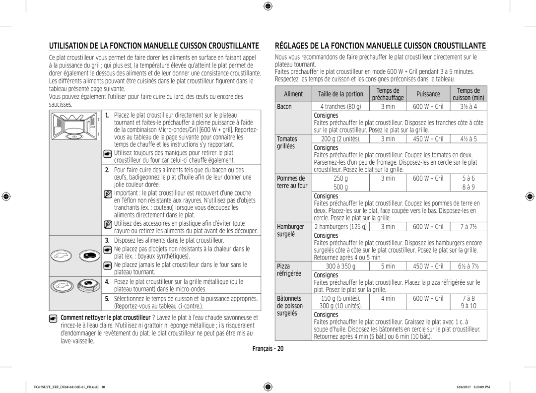 Samsung FG77SUST/XEF manual Plateau tournant, Tableau présenté page suivante Aliment, Saucisses Bacon, Pommes de, Hamburger 