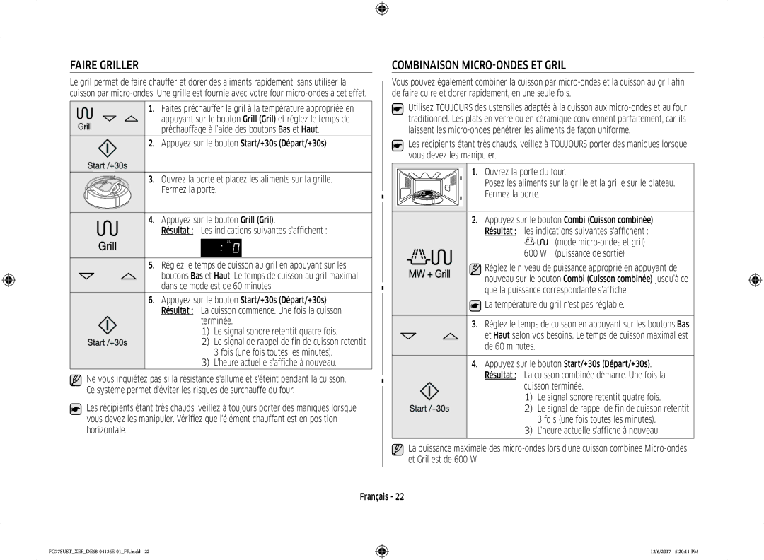 Samsung FG77SUST/XEF, FG77SUB/XEF manual Faire Griller, Combinaison MICRO-ONDES ET Gril 