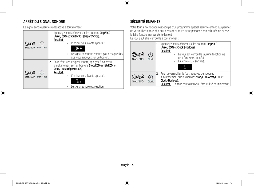 Samsung FG77SUB/XEF Arrêt DU Signal Sonore, Sécurité Enfants, Résultat Le four peut à nouveau être utilisé normalement 