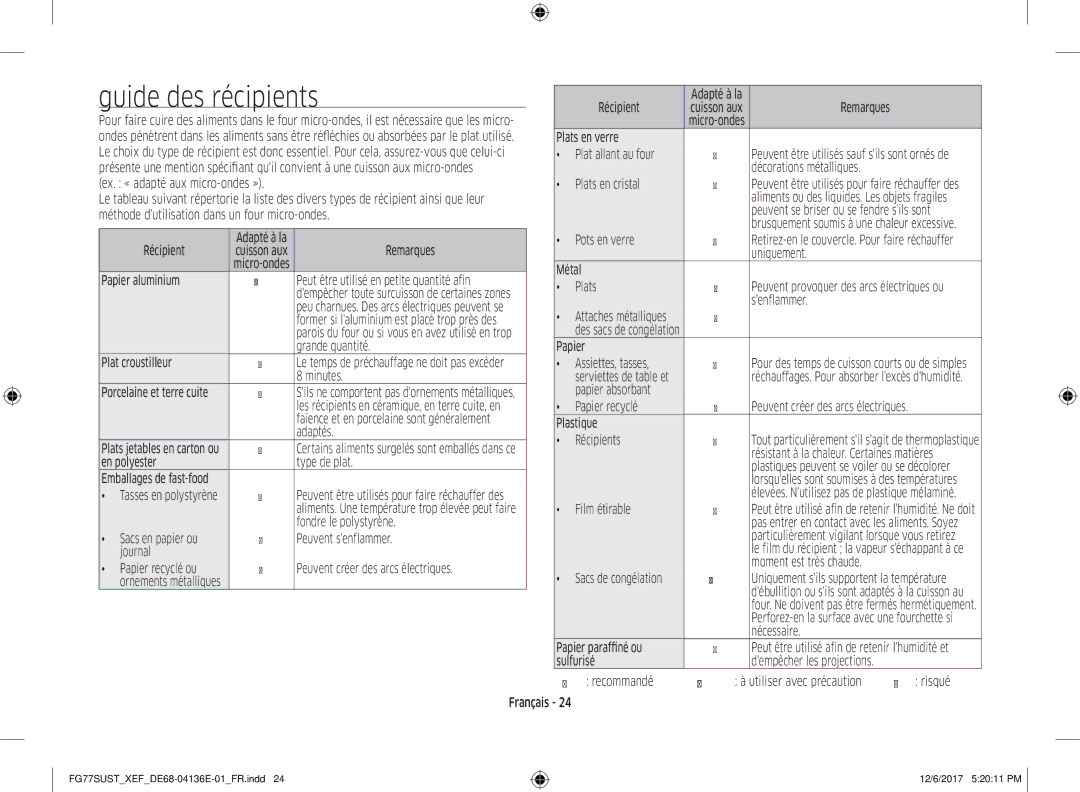 Samsung FG77SUST/XEF, FG77SUB/XEF manual Guide des récipients 