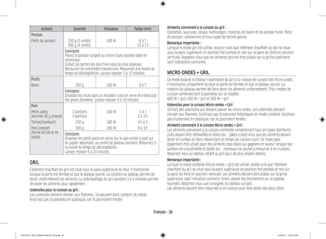 Samsung FG77SUST/XEF, FG77SUB/XEF manual MICRO-ONDES + Gril 