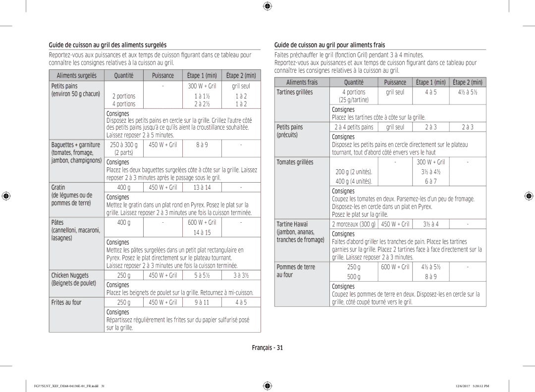 Samsung FG77SUB/XEF Guide de cuisson au gril des aliments surgelés, Quantité Puissance, Gratin, Consignes Pommes de terre 