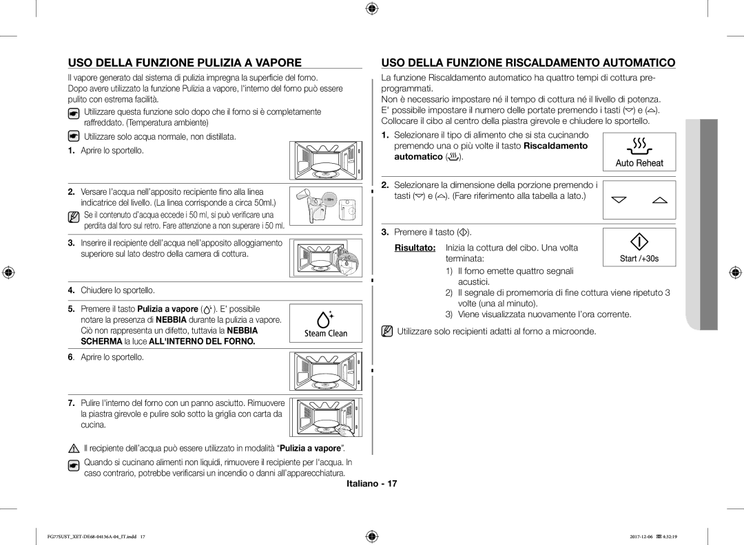 Samsung FG77SUST/XET manual USO Della Funzione Pulizia a Vapore 