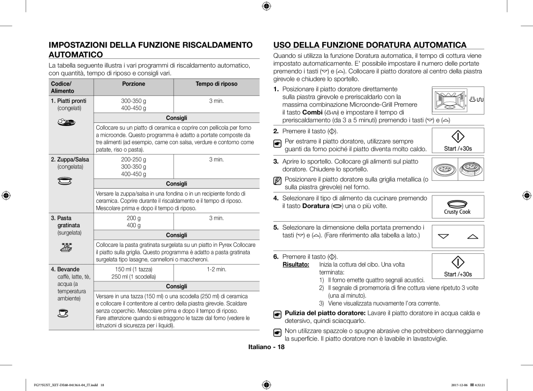 Samsung FG77SUST/XET Impostazioni Della Funzione Riscaldamento Automatico, USO Della Funzione Doratura Automatica, Codice 