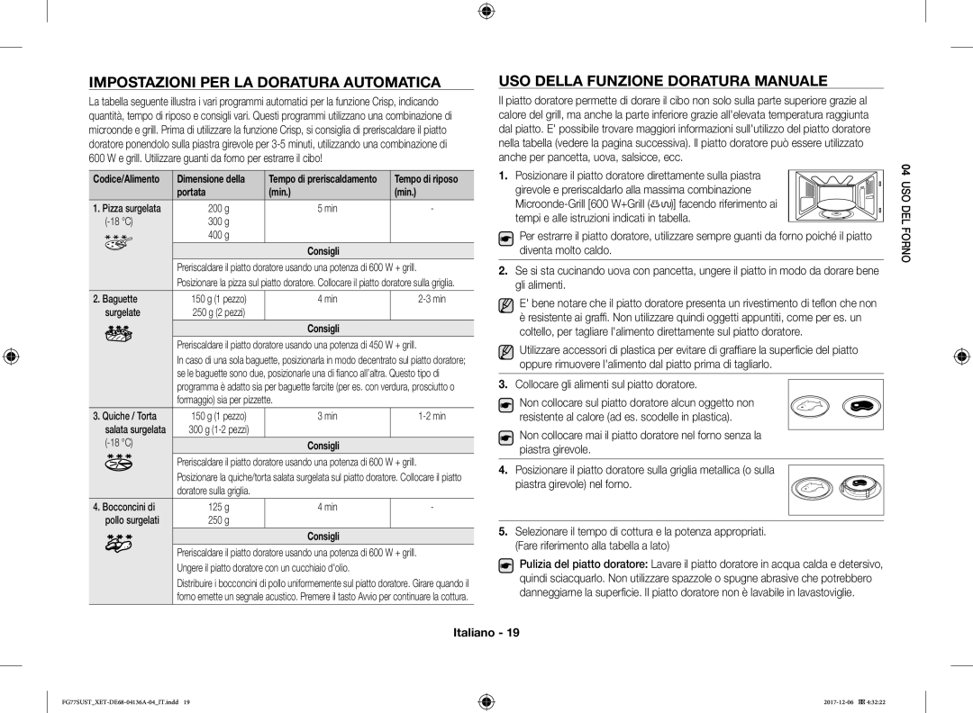 Samsung FG77SUST/XET manual Impostazioni PER LA Doratura Automatica, USO Della Funzione Doratura Manuale, Portata Min 