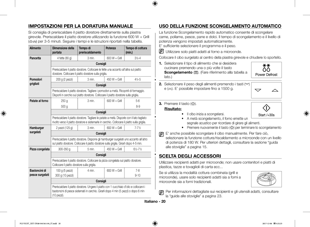 Samsung FG77SUST/XET manual Impostazioni PER LA Doratura Manuale, USO Della Funzione Scongelamento Automatico 