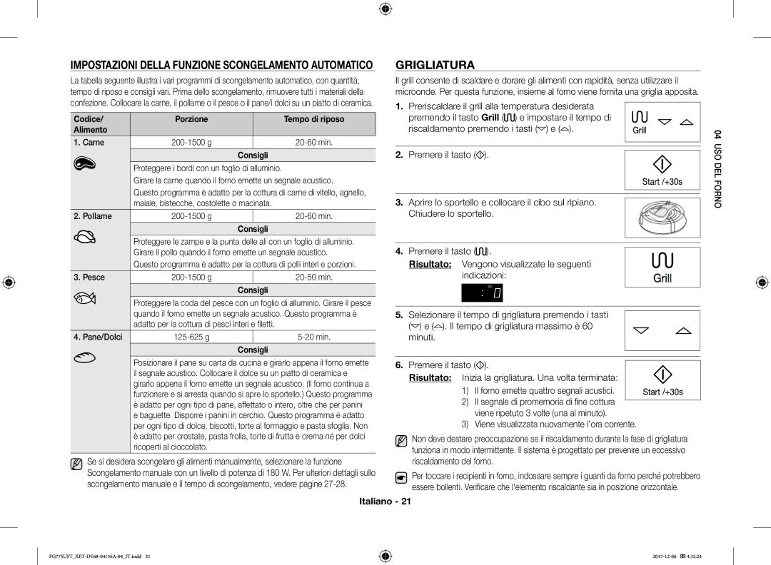 Samsung FG77SUST/XET manual Grigliatura, Codice Porzione Tempo di riposo Alimento 