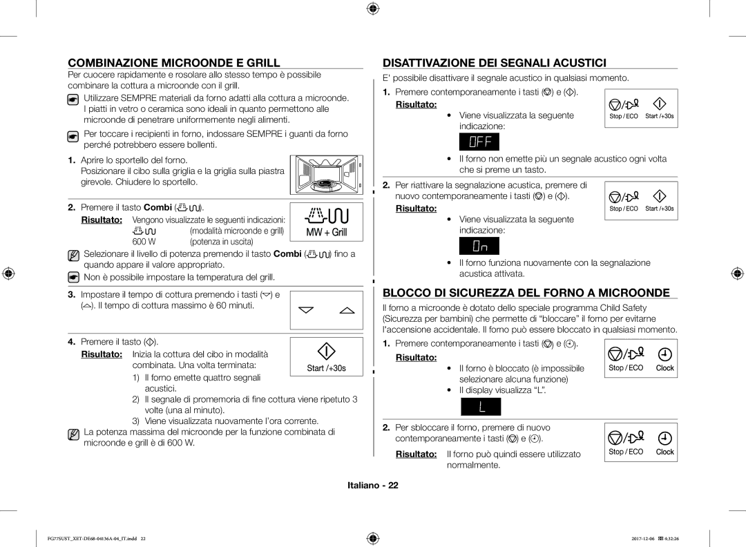 Samsung FG77SUST/XET manual Combinazione Microonde E Grill, Disattivazione DEI Segnali Acustici 