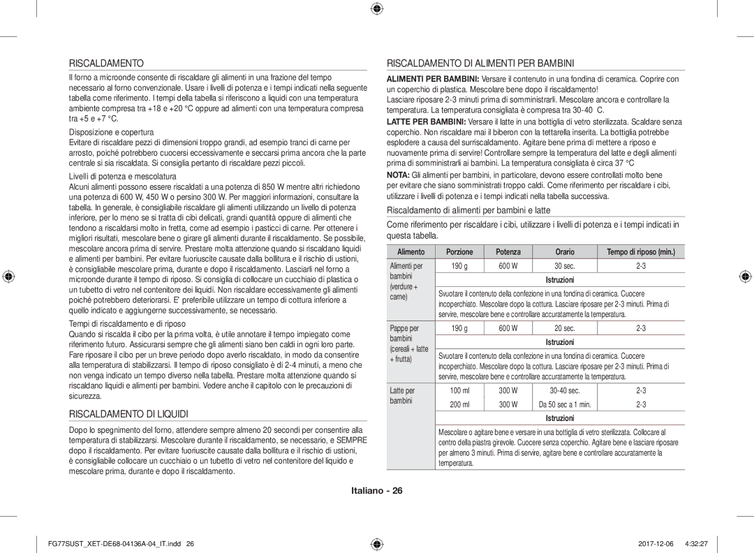 Samsung FG77SUST/XET Riscaldamento DI Liquidi, Riscaldamento DI Alimenti PER Bambini, Alimento Porzione Potenza Orario 