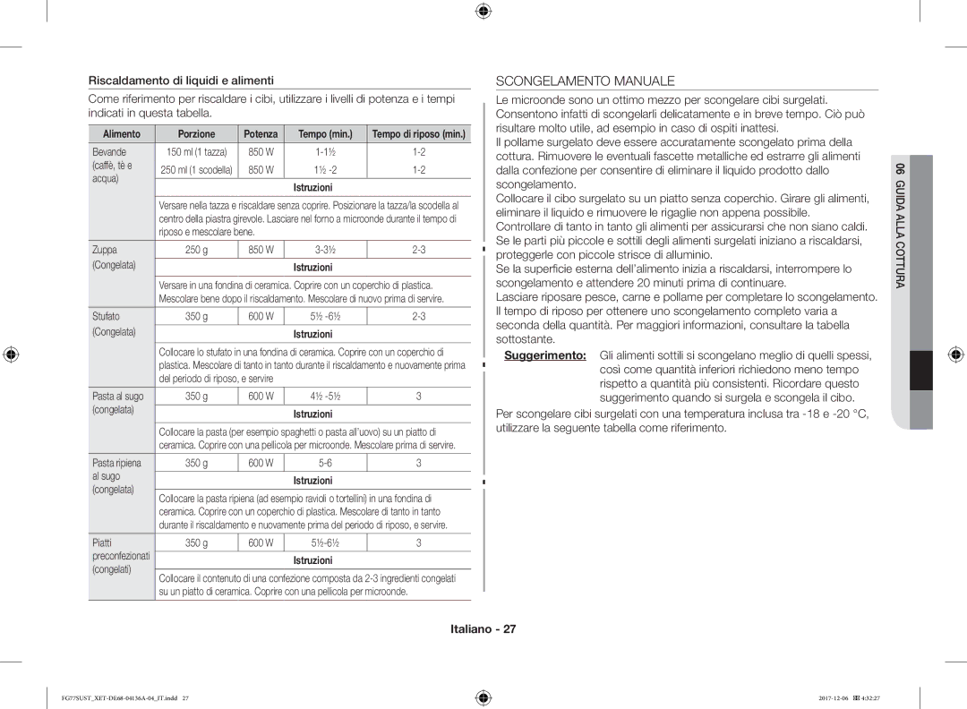 Samsung FG77SUST/XET manual Scongelamento Manuale, Alimento Porzione, Tempo min 