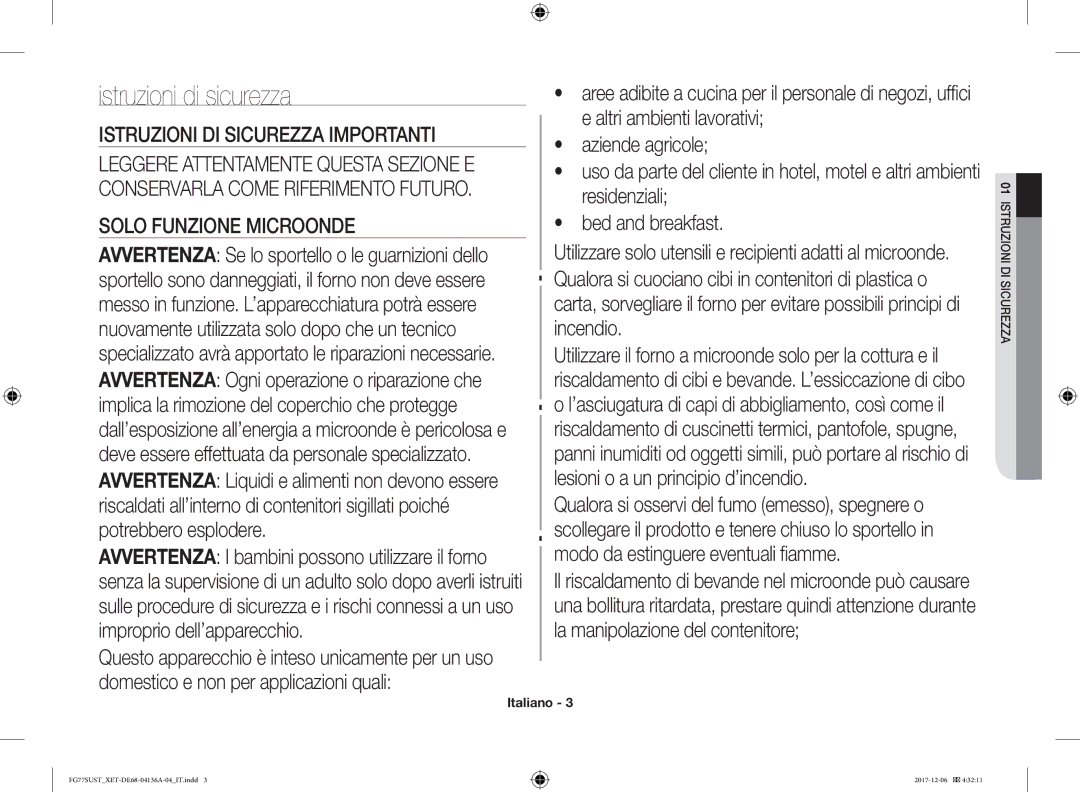 Samsung FG77SUST/XET manual Istruzioni di sicurezza, Solo Funzione Microonde 