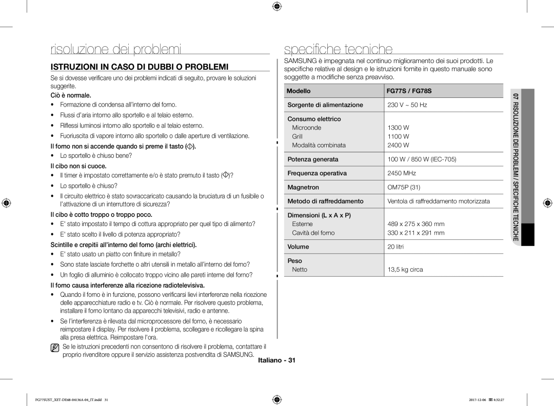 Samsung FG77SUST/XET manual Risoluzione dei problemi, Specifiche tecniche, Istruzioni in Caso DI Dubbi O Problemi 