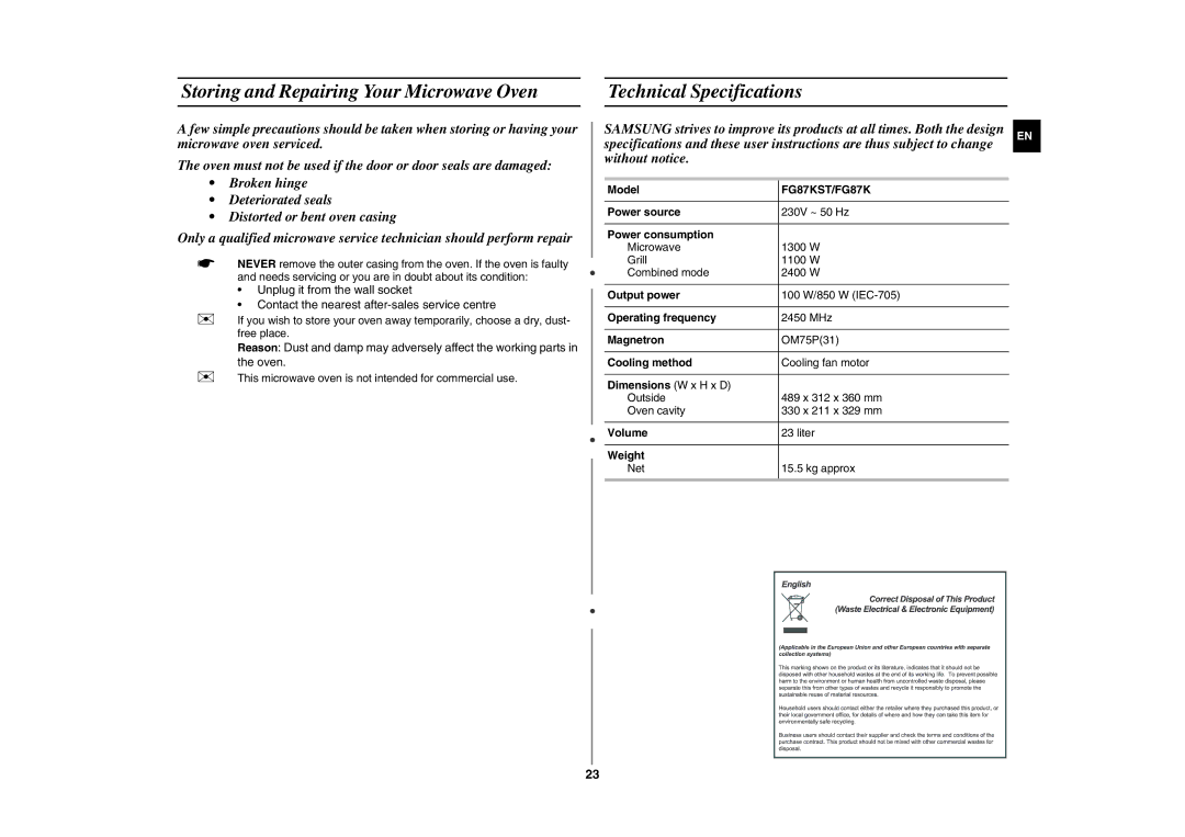 Samsung FG87K-B/BOL manual Storing and Repairing Your Microwave Oven, Technical Specifications, FG87KST/FG87K 