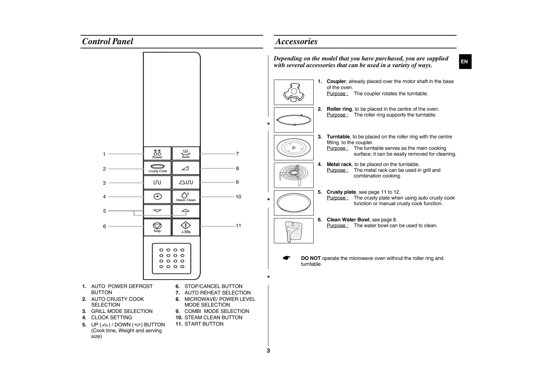 Samsung FG87K-B/BOL Control Panel Accessories, UP / Down Button Cook time, Weight and serving size, Clean Water Bowl, see 