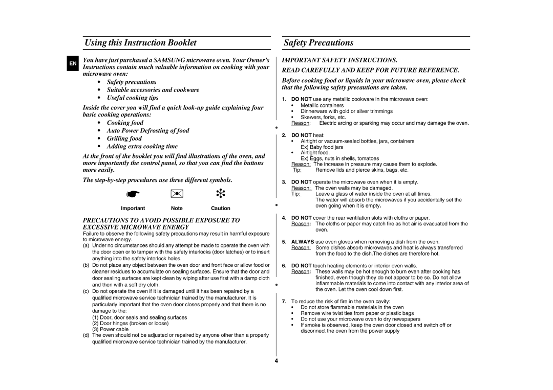 Samsung FG87K-B/BOL manual Using this Instruction Booklet, Safety Precautions, Important Note Caution, Do not heat 