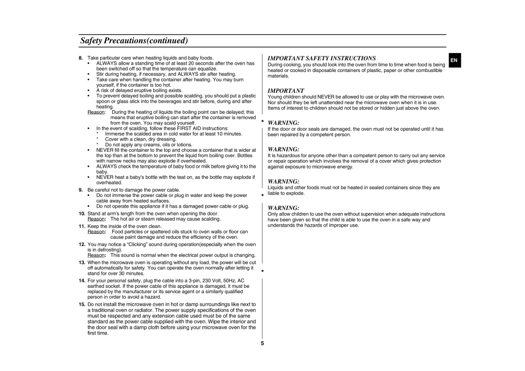 Samsung FG87K-B/BOL manual Important Safety Instructions 