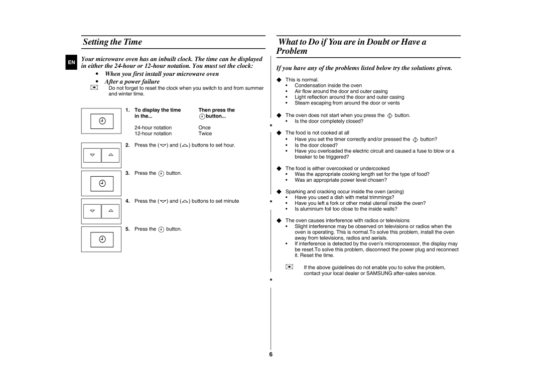 Samsung FG87K-B/BOL manual Setting the Time, What to Do if You are in Doubt or Have a Problem, To display the time, Button 