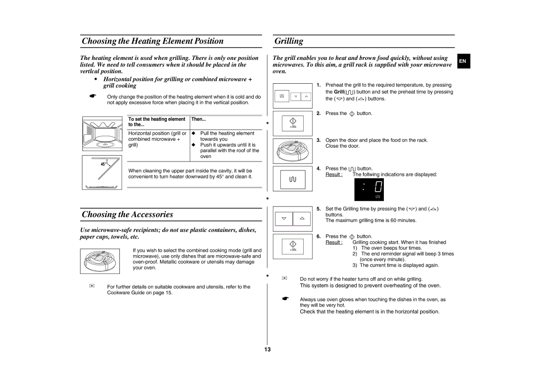 Samsung FG87KST/BOL manual Choosing the Heating Element Position Grilling, Choosing the Accessories 