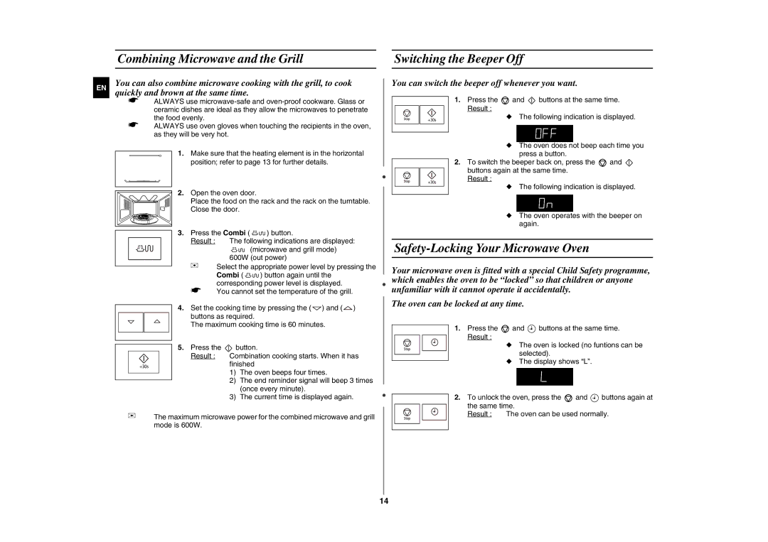 Samsung FG87KST/BOL manual Combining Microwave and the Grill Switching the Beeper Off, Safety-Locking Your Microwave Oven 