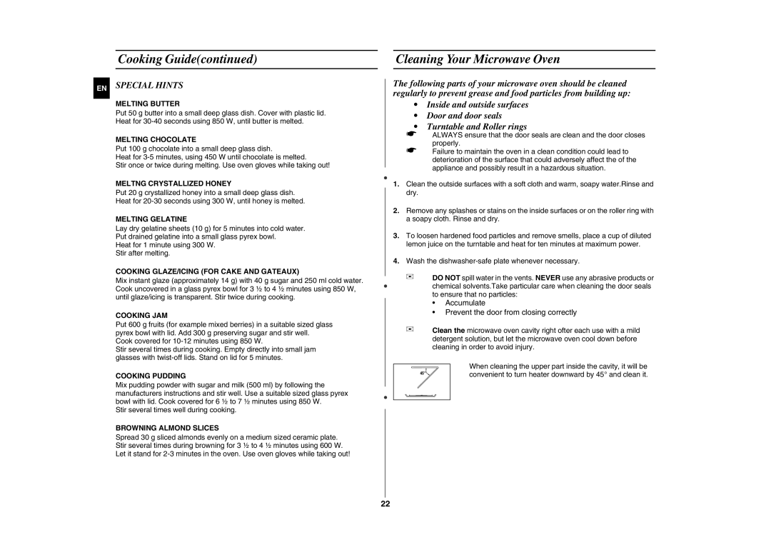 Samsung FG87KST/BOL manual Cleaning Your Microwave Oven, EN Special Hints 