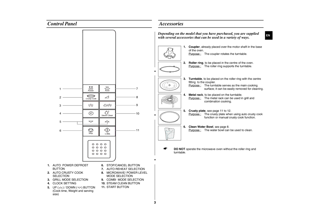 Samsung FG87KST/BOL Control Panel Accessories, UP / Down Button Cook time, Weight and serving size, Clean Water Bowl, see 