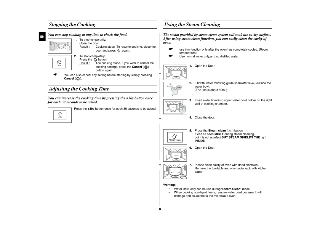 Samsung FG87KST/BOL manual Stopping the Cooking Using the Steam Cleaning, Adjusting the Cooking Time, Inside 