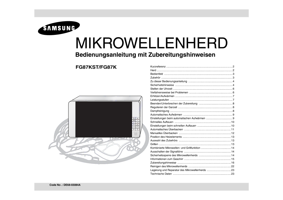 Samsung FG87KST/XEC, FG87KST/XEG, FG87KST/ELE, FG87KST/XEN manual Microwave Oven, Code No. DE68-03133H 