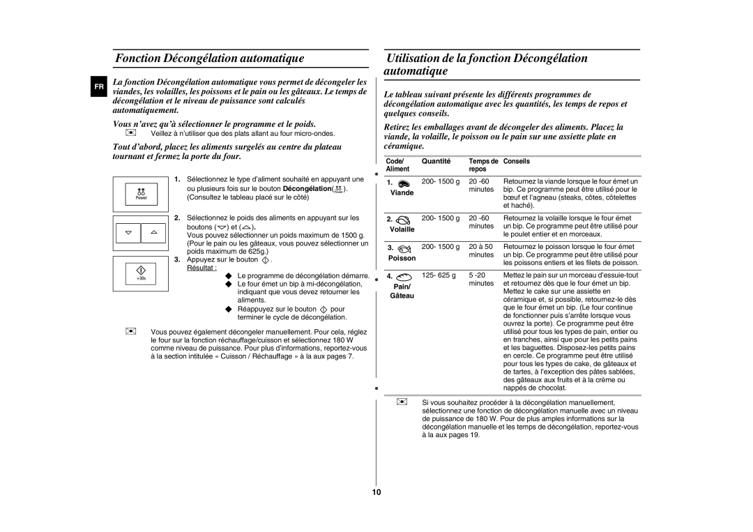 Samsung FG87KST/XEF manual Fonction Décongélation automatique, Utilisation de la fonction Décongélation automatique, Gâteau 