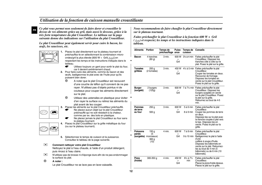 Samsung FG87KST/XEF manual Utilisation de la fonction de cuisson manuelle croustillante 