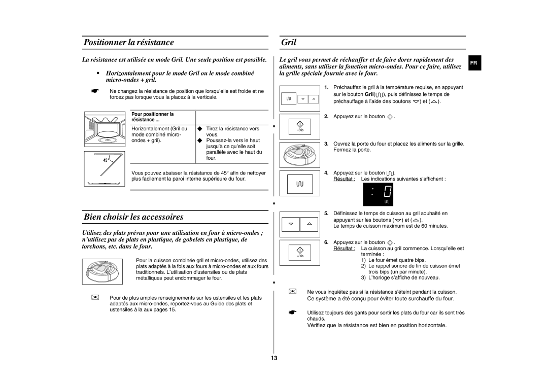 Samsung FG87KST/XEF manual Positionner la résistance Gril, Bien choisir les accessoires 