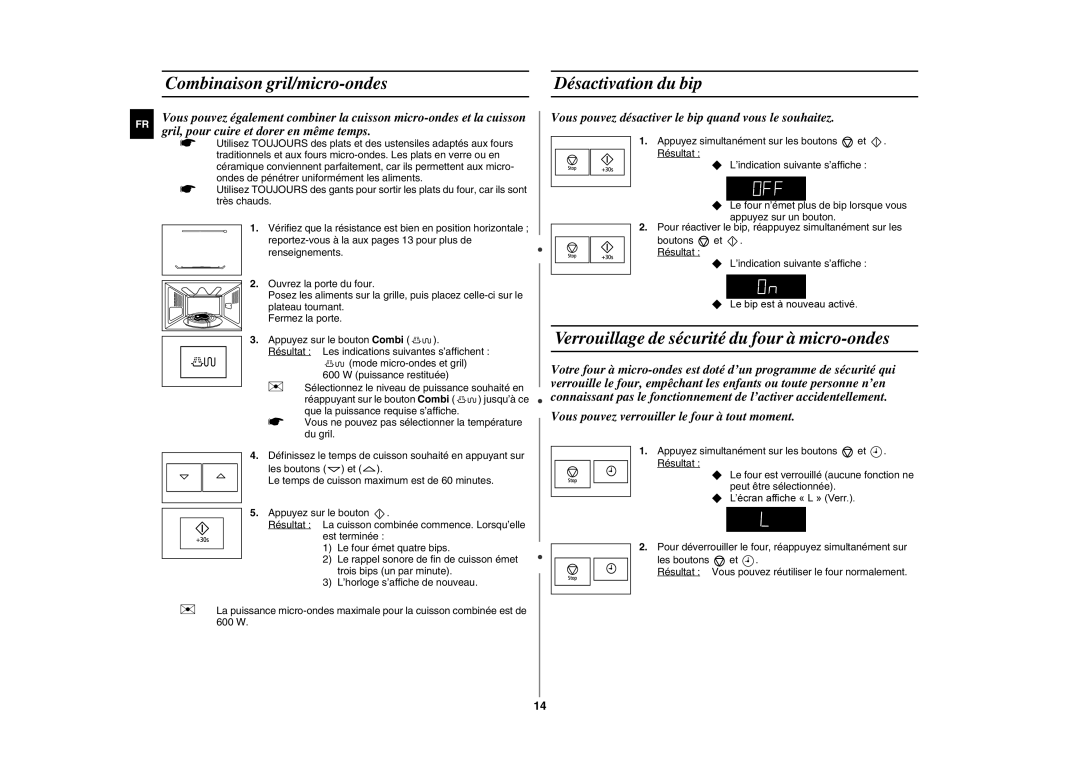 Samsung FG87KST/XEF Combinaison gril/micro-ondes Désactivation du bip, Verrouillage de sécurité du four à micro-ondes 