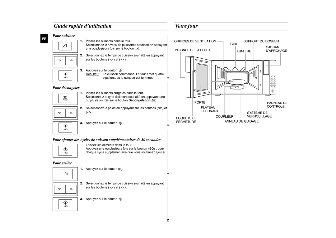 Samsung FG87KST/XEF manual Guide rapide d’utilisation, Votre four, Pour cuisiner, Pour décongeler, Pour griller 