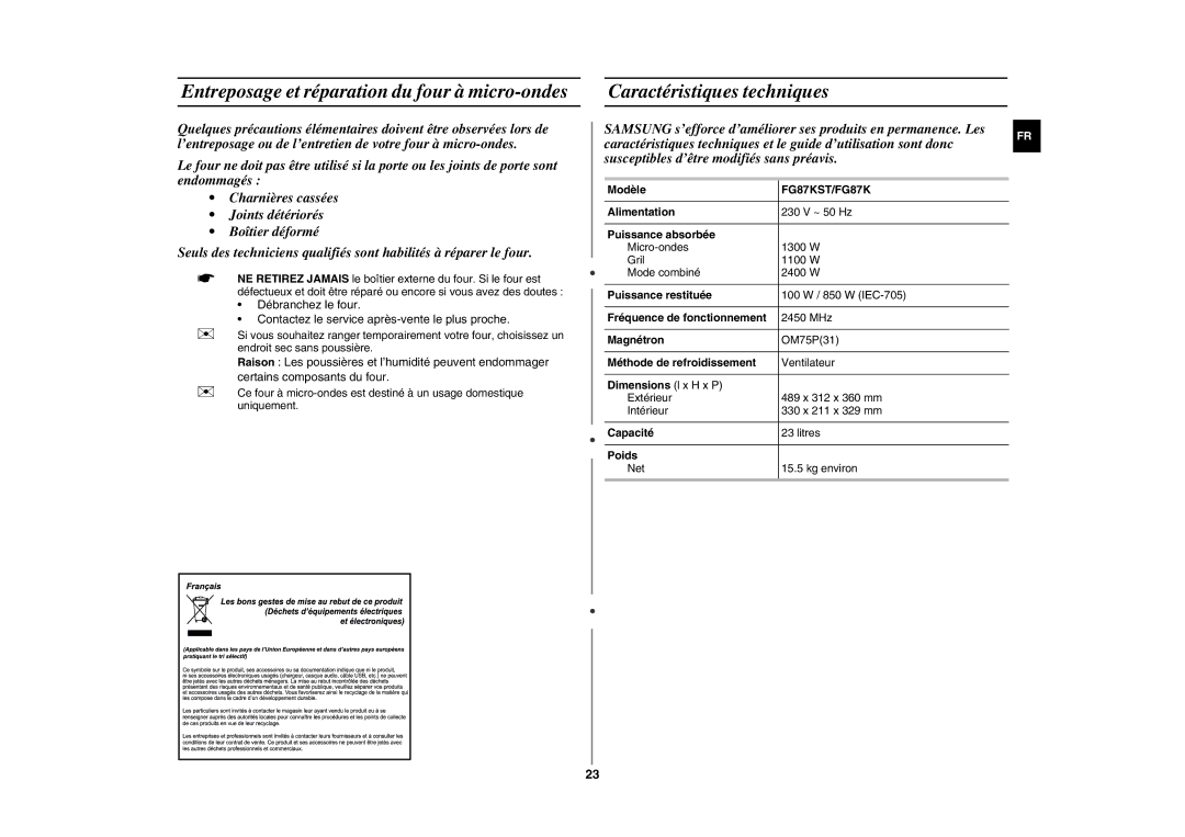 Samsung FG87KST/XEF manual Entreposage et réparation du four à micro-ondes, Caractéristiques techniques, FG87KST/FG87K 