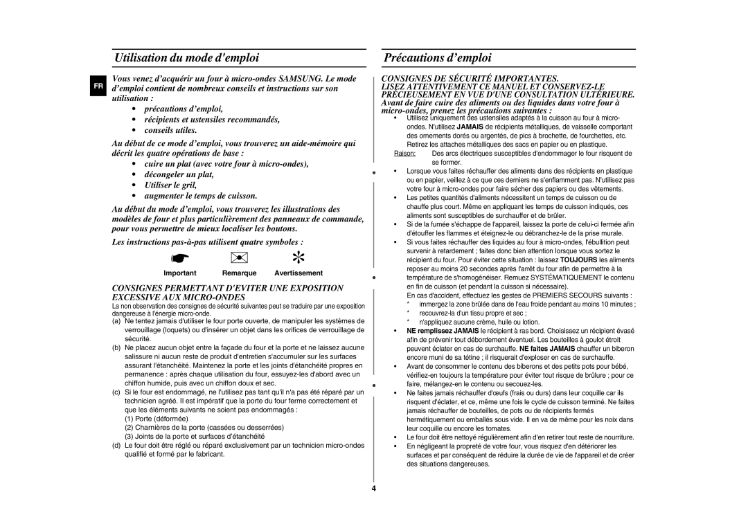 Samsung FG87KST/XEF manual Utilisation du mode demploi, Précautions d’emploi, Consignes DE Sécurité Importantes 