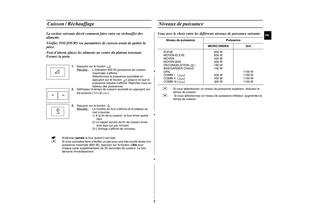 Samsung FG87KST/XEF manual Cuisson / Réchauffage Niveaux de puissance, Niveau de puissance Puissance, Micro-Ondes 