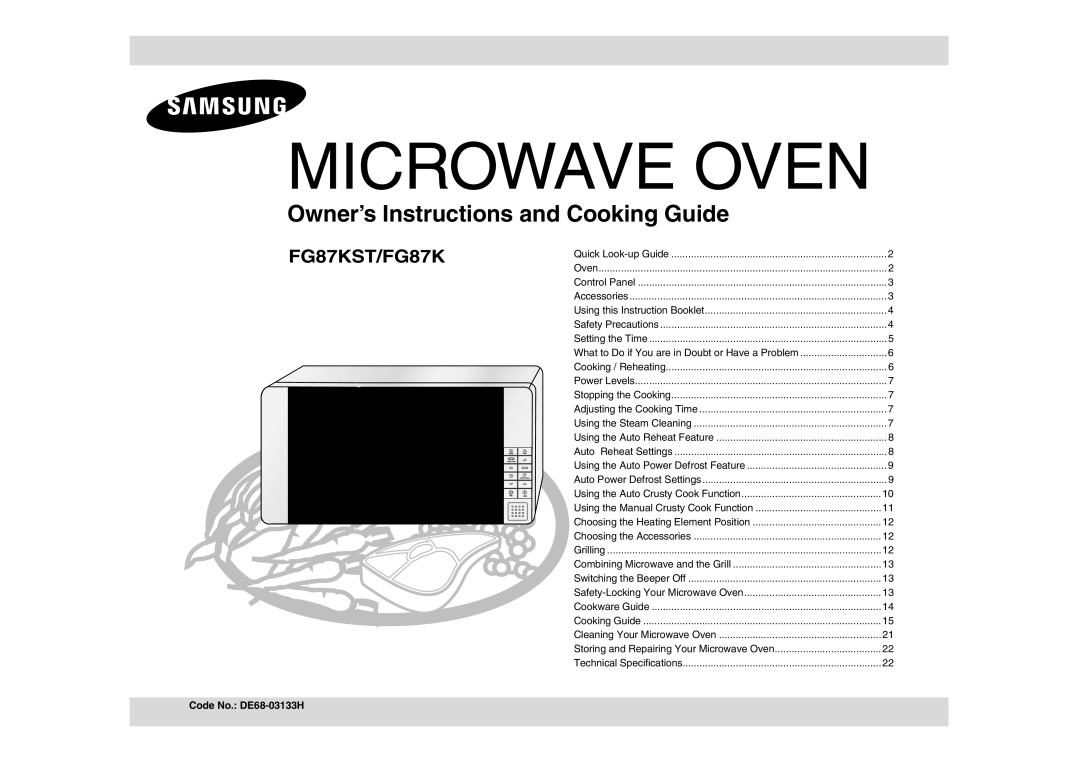 Samsung FG87KST/XEC, FG87KST/XEG, FG87KST/ELE, FG87KST/XEN manual Microwave Oven, Code No. DE68-03133H 